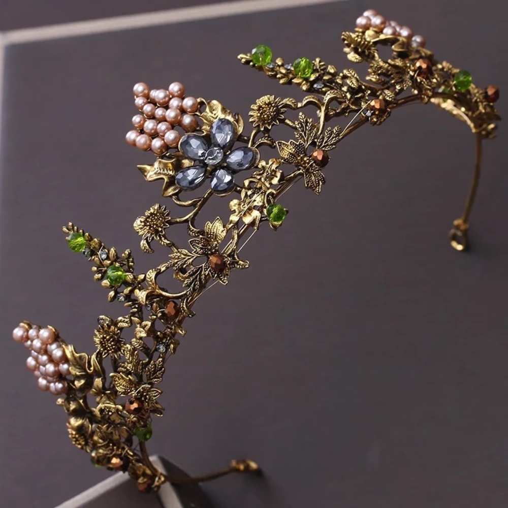 Vintage Antique Gold Beaded Flower Wedding Crown - Picture 2 of 8